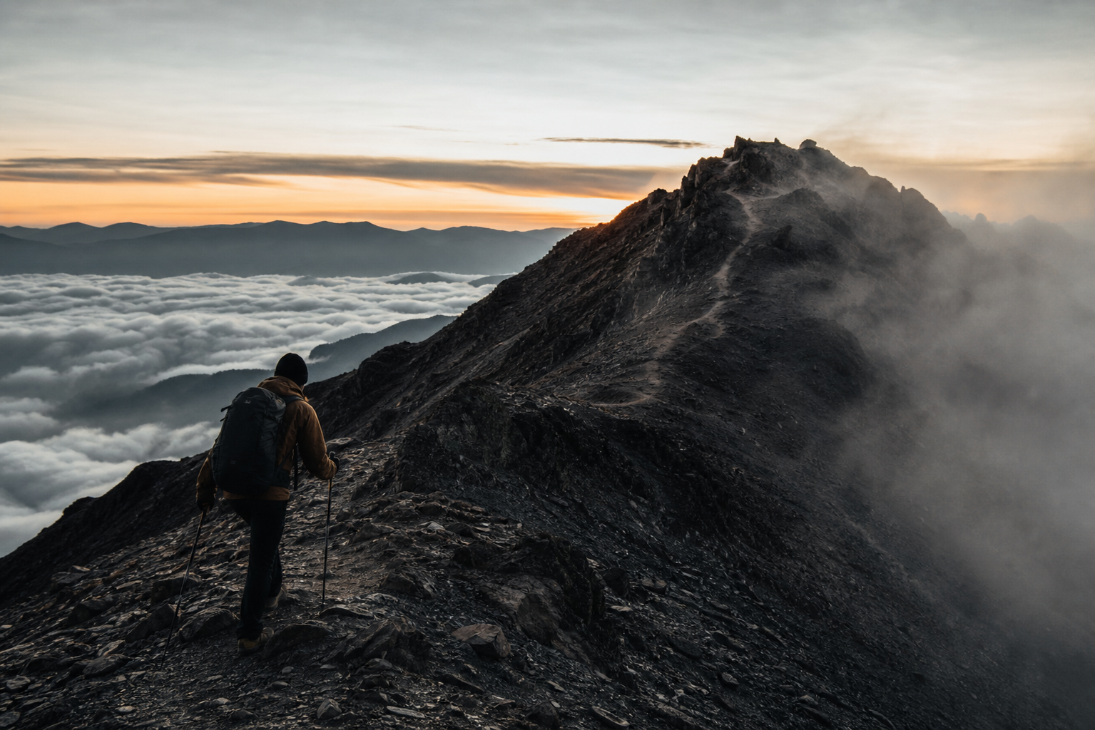 A person climbing a steep mountain ridge